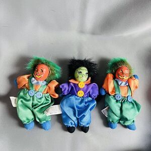 3 Vintage Spookville Frankenstein Pumpkin Head Halloween Doll Decor Figurines